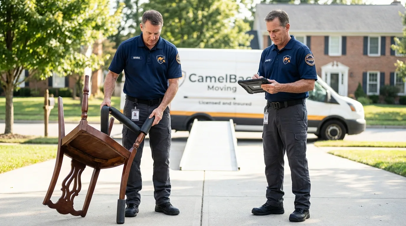 Movers inspecting furniture for damage prevention before loading in Boulder City, NV